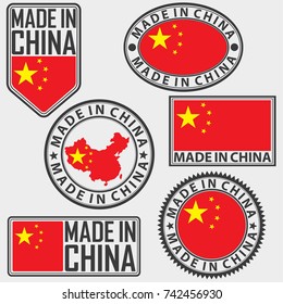 Made in China label set with flag, made in China, vector illustration
