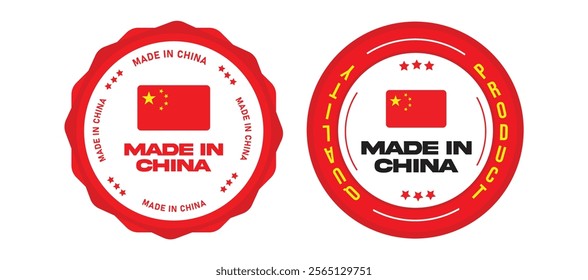 Made in China Label Set. Made in China Stamp, Stickers, Badges. Big Set of China Product Emblems, Quality Product Labels, and Stickers Featuring Chinese Flag and Colours