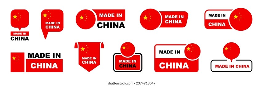 Made in China labeling set. Collection of label made in China. China quality emblem. Vector illustration.