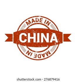 Made in China. Round red grunge rubber stamp design isolated on white background. With vintage texture.
