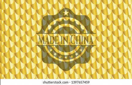 Made in China shiny golden badge. Scales pattern. Vector Illustration. Detailed.