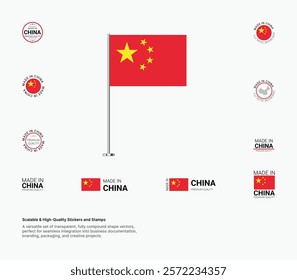 Made in China Stamps, Flag, Tags, labels, Seals, Icons. Creative Designs for Branding and Packaging