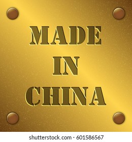 made in China text on gold metal plate with bolts in corners, Golden texture