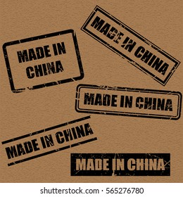 made in China text rubber seal stamp watermark. Caption inside rounded rectangular banner with grunge design and dirty texture. Slanted vector ink sticker on paper background.