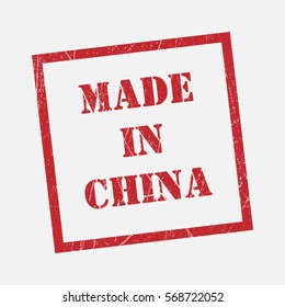 made in China text rubber seal stamp watermark. Caption inside rounded rectangular banner with grunge design and dirty texture. Slanted vector ink sticker on paper background.