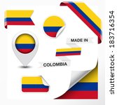 Made in Colombia collection of ribbon, label, stickers, pointer, icon and page curl with Colombian flag symbol on design element. Vector EPS 10 illustration isolated on white background.