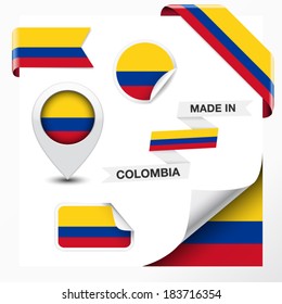 Made in Colombia collection of ribbon, label, stickers, pointer, icon and page curl with Colombian flag symbol on design element. Vector EPS 10 illustration isolated on white background.