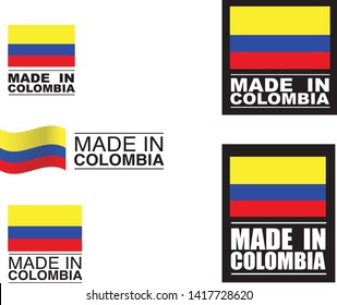 Made in Colombia collection of ribbon, logo, label, stickers, badge, icon and page curl with Colombia flag symbol. Vector illustration isolated on white background.  Stamp with Made in Colombia text.
