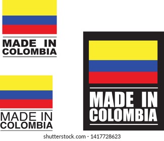 Made in Colombia collection of ribbon, logo, label, stickers, badge, icon and page curl with Colombia flag symbol. Vector illustration isolated on white background.  Stamp with Made in Colombia text.
