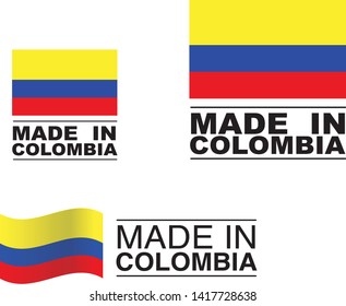 Made in Colombia collection of ribbon, logo, label, stickers, badge, icon and page curl with Colombia flag symbol. Vector illustration isolated on white background.  Stamp with Made in Colombia text.

