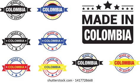 Made in Colombia collection of ribbon, logo, label, stickers, badge, icon and page curl with Colombia flag symbol. Vector illustration isolated on white background.  Stamp with Made in Colombia text.
