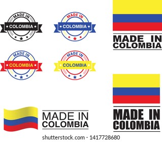 Made in Colombia collection of ribbon, logo, label, stickers, badge, icon and page curl with Colombia flag symbol. Vector illustration isolated on white background.  Stamp with Made in Colombia text.
