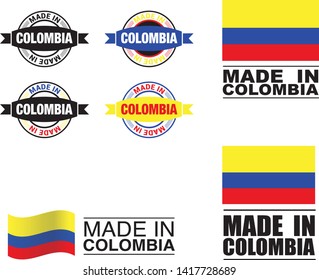Made in Colombia collection of ribbon, logo, label, stickers, badge, icon and page curl with Colombia flag symbol. Vector illustration isolated on white background.  Stamp with Made in Colombia text.
