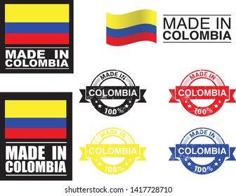Made in Colombia collection of ribbon, logo, label, stickers, badge, icon and page curl with Colombia flag symbol. Vector illustration isolated on white background.  Stamp with Made in Colombia text.
