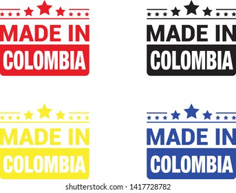 Made in Colombia collection of ribbon, logo, label, stickers, badge, icon and page curl with Colombia flag symbol. Vector illustration isolated on white background.  Stamp with Made in Colombia text.
