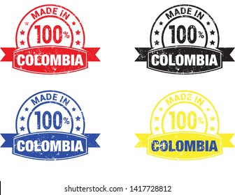 Made in Colombia collection of ribbon, logo, label, stickers, badge, icon and page curl with Colombia flag symbol. Vector illustration isolated on white background.  Stamp with Made in Colombia text.
