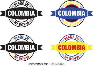 Made in Colombia collection of ribbon, logo, label, stickers, badge, icon and page curl with Colombia flag symbol. Vector illustration isolated on white background.  Stamp with Made in Colombia text.

