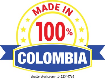 Made in Colombia collection of ribbon, logo, label, stickers, badge, icon and page curl with Colombia flag symbol. Vector illustration isolated on white background.  Stamp with Made in Colombia text.
