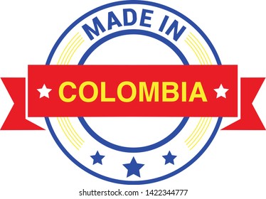 Made in Colombia collection of ribbon, logo, label, stickers, badge, icon and page curl with Colombia flag symbol. Vector illustration isolated on white background.  Stamp with Made in Colombia text.
