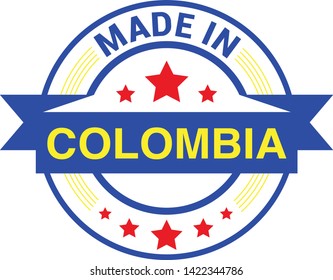 Made in Colombia collection of ribbon, logo, label, stickers, badge, icon and page curl with Colombia flag symbol. Vector illustration isolated on white background.  Stamp with Made in Colombia text.
