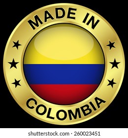 Made in Colombia gold badge and icon with central glossy Colombian flag symbol and stars. Vector EPS 10 illustration isolated on black background.