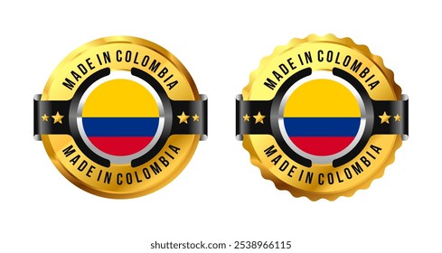 Made in Colombia icon a gold circle with a picture of a flag in the middle. For icon, logo, label, insigna, seal, tag, sign, seal, symbol, badge, stamp, sticker, emblem, banner. Vector Illustration