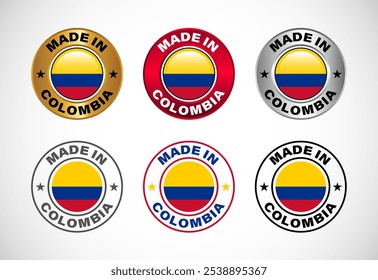 Ícone do rótulo Made in Colombia com bandeira. Conjunto de ícones para empresa, selo, selo, adesivo, logotipo e símbolo