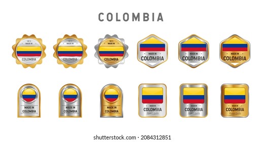 Made In Colombia Label, Stamp, Badge, Or Logo. With The National Flag Of Colombia. On Platinum, Gold, And Silver Colors. Premium And Luxury Emblem