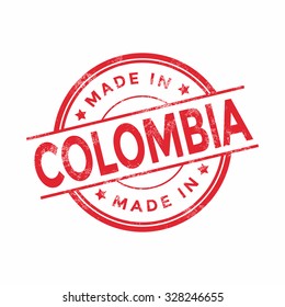 Made in Colombia red vector graphic. Round rubber stamp isolated on white background. With vintage texture.