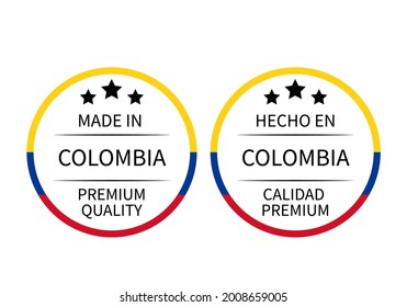 Made in Colombia round labels in English and in Spanish languages. Quality mark vector icon. Perfect for logo design, tags, badges, stickers, emblem, product package, etc.