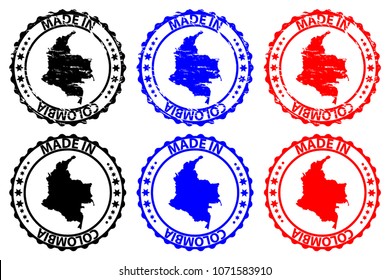 Made in Colombia - rubber stamp - vector, Colombia map pattern - black, blue and red