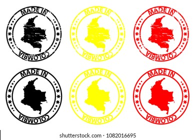 Made in Colombia - rubber stamp - vector, Colombia map pattern - black, yellow and red