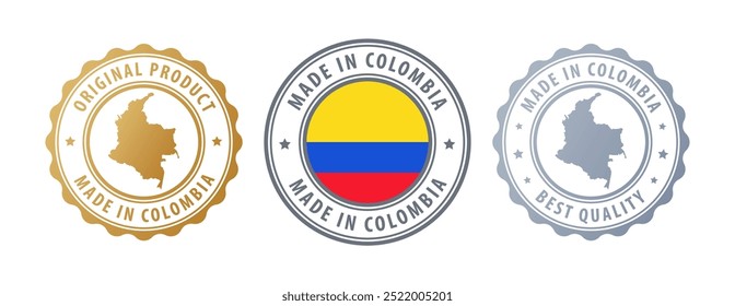 Made in Colombia - set of stamps with map and flag. Best quality. Original product. Vector illustration