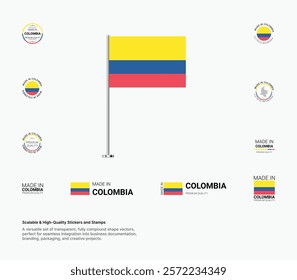 Made in Colombia Stamps, Flag, Tags, labels, Seals, Icons. Creative Designs for Branding and Packaging