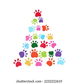 Made of colorful hand drawn paw print Christmas tree