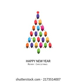 Made of colorful light bulb pine tree. Happy new year and merry Christmas greeting card