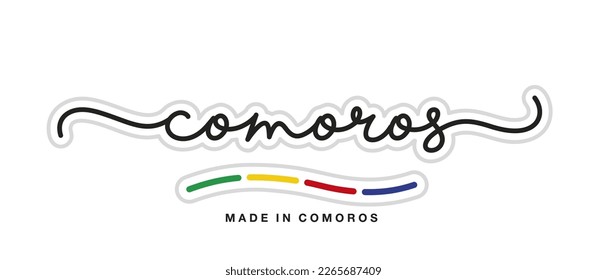 Hecho en Comoras, nueva tipografía escrita a mano moderna pegatina con el logo caligráfico, banner abstracto de la bandera de las Comoras