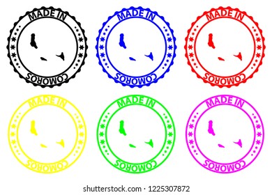 Made in Comoros - rubber stamp - vector, Union of the Comoros map pattern - black, blue, green, yellow, purple and red