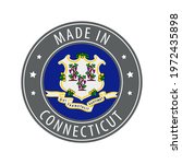 Made in Connecticut icon. Gray stamp with a round state flag.
