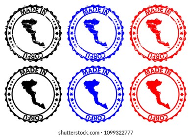Made in Corfu - rubber stamp - vector, Corfu(Kerkyra) map pattern - black, blue and red
