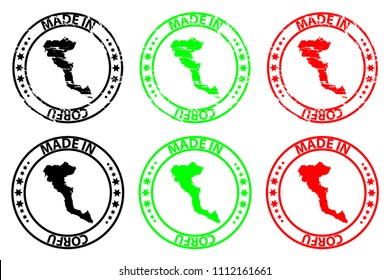 Made in Corfu - rubber stamp - vector, Corfu(Kerkyra) map pattern - black, green and red