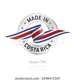 Made in Costa Rica. Costa Rica flag ribbon with circle silver ring seal stamp icon. Costa Rica sign label vector isolated on white background