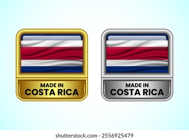 Made in Costa Rica label icon in gold and silver color. Flag icon set for business