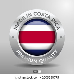 Made in Costa Rica Label, Logo, Stamp Round Flag of Nation with 3D Silver Glossy Effect