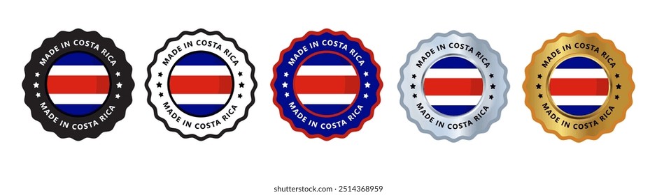 Made in costa rica set of sign stamp badge, with varian color blue, silver, gold, black suitable for products manufactured, military, agriculture or food vector illustration eps editable text