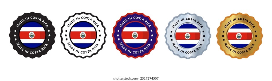 Made in costa rica set of sign stamp badge, with varian color blue, silver, gold, black suitable for products manufactured, military, agriculture or food vector illustration eps editable text