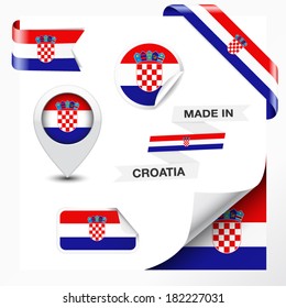 Made in Croatia collection of ribbon, label, stickers, pointer, badge, icon and page curl with Croatian flag symbol on design element. Vector EPS 10 illustration isolated on white background.