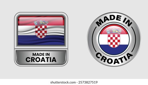 Made in Croatia label icon set in silver color, featuring both rectangular and circular designs. Includes the Croatian flag icon, ideal for business and product branding.