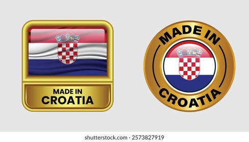 Made in Croatia label icon set in gold color, featuring both rectangular and circular designs. Includes the Croatian flag icon, ideal for business and product branding