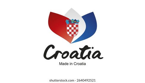 Made in Croatia logo, sticker. Abstract Croatia flag and ribbon in shape of leaf flower with handwritten typography lettering